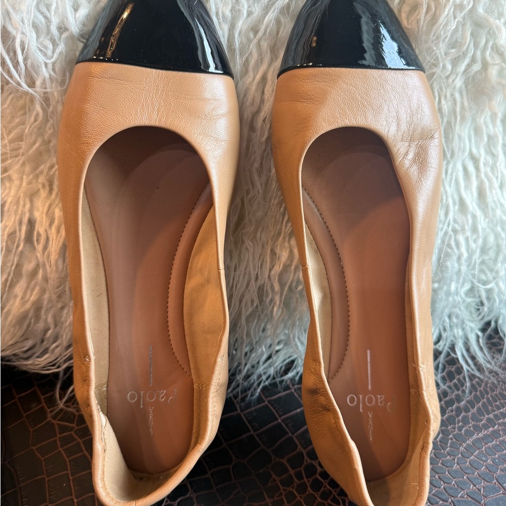 Paolo Two-Tone Tan Leather Ballet Flats with Black Patent Cap